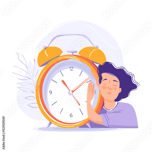 Morning awakening concept: Annoyed Woman trying to turn off alarm clock, early in the morning. Concept for people dont want to wake up