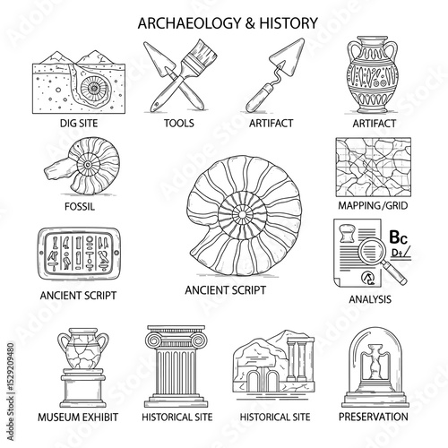 Archaeology and History: A detailed illustration showcases the fundamental tools and artifacts intrinsic to the study of archaeology and history, offering an educational and insightful exploration.