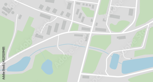 City map navigation. GPS navigator. Top view, view from above. Simple realistic map design with small town, forest, river and lakes. Landscape with river. Flat style vector illustration in dim color