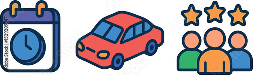Minimalist Carpool App Interface. Isometric flat vector illustration of a carpooling app interface showing pickup time, seat