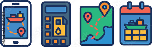 Shipping App Icons. Isometric flat vector illustration of a shipping route optimization app with fuel calculator and port stop