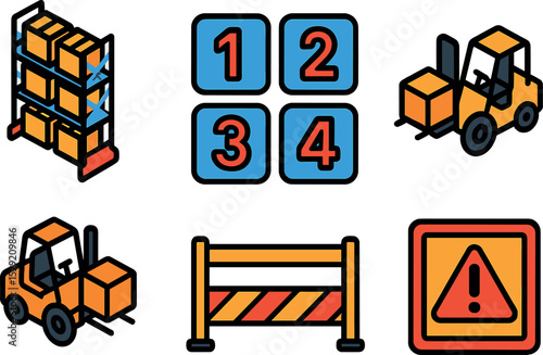 Modern Warehouse Icons. Isometric flat vector illustration of a high-bay racking system with numbered zones, safety rails, and