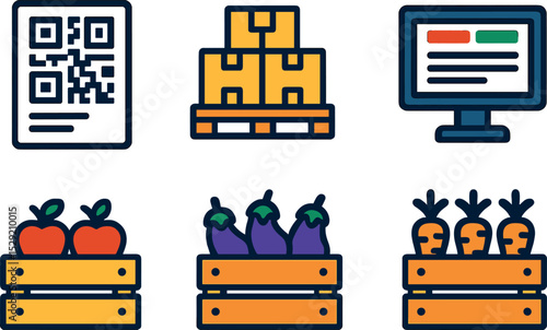 Fresh Produce Dispatch. Isometric flat vector illustration of a packaged goods staging area with pallets of fresh produce, barcode