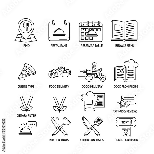 Restaurant Icons Set: A comprehensive collection of simple line icons for restaurants, covering diverse aspects such as food delivery, menu browsing, table reservations, and cuisine types.