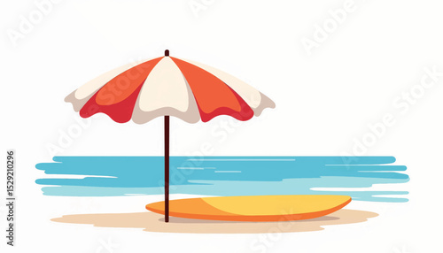 Beach umbrella and surfboard on shoreline, summer relaxation