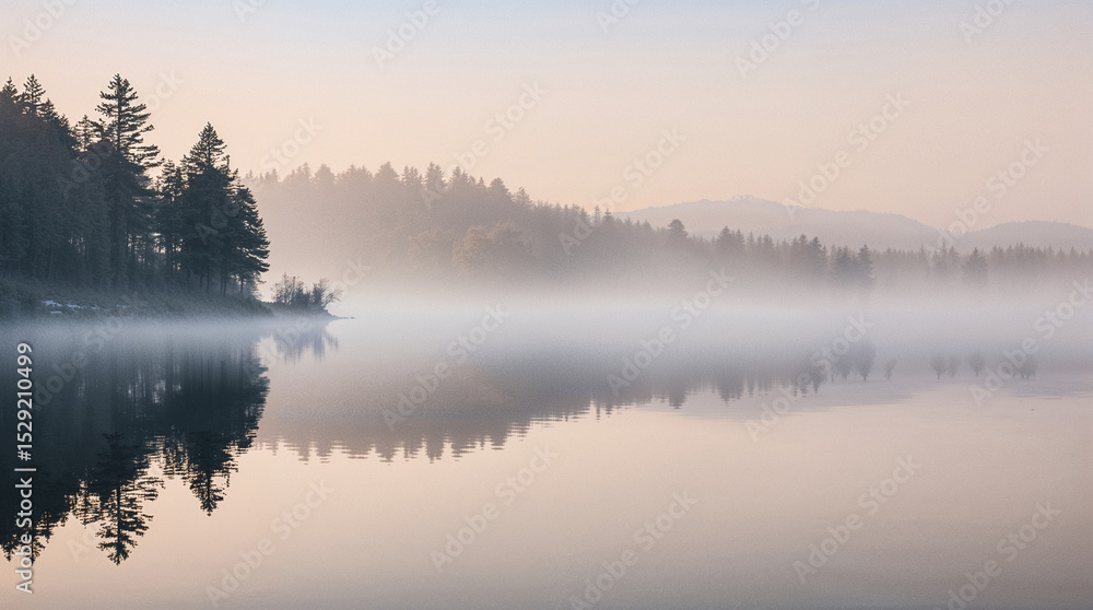 Fototapeta premium Light Rain Over Still Lake with Tree Reflections