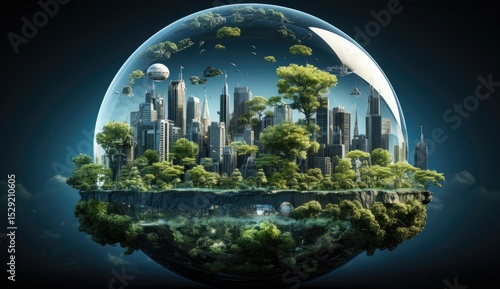 A breathtaking depiction of a futuristic city enclosed within a glass sphere, harmoniously blending urban life with flourishing greenery and serene water.