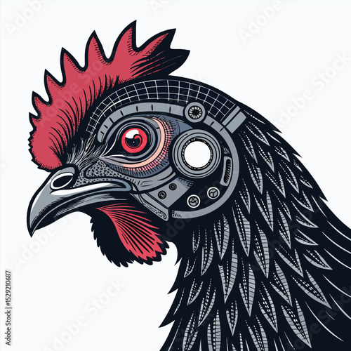 A cyberpunk chicken, heavily textured with digital glitches, featuring robotic enhancements.  Intricate details and vibrant neon accents.
