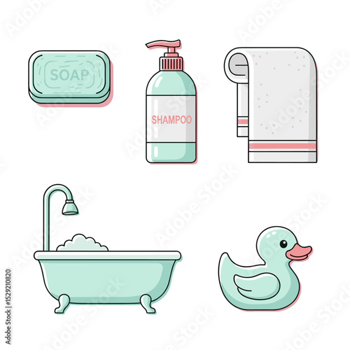 Bathroom Essentials: A charming set of illustrated icons showcases a bath time theme with a bar of soap, shampoo, a towel, bathtub, and rubber duck, perfectly depicting self-care and tranquility.