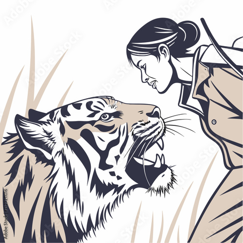 Woman confronting tiger in nature with intense expression  