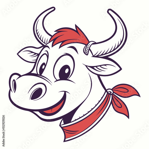 Cartoon bull with a bandana and a friendly expression  