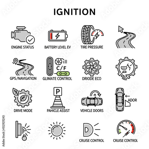 Car Ignition Icons: Modern, bold, and intuitive, this graphic depicts a car's ignition system with a set of stylized, easy-to-understand icons.