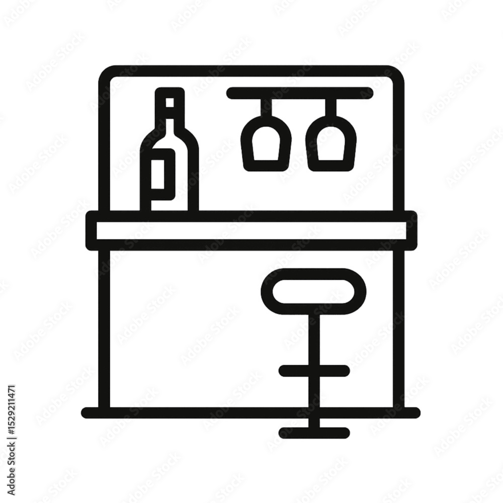 Minimalist bar counter icon with bottle and glasses in line art style Minimalist bar counter icon with bottle and glasses in line art style