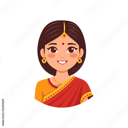 A little Indian girl is smiling and is wearing a red dress.