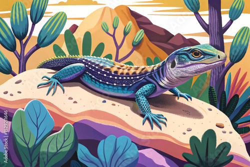 Vector illustration of a lizard sunbathing on a warm desert rock ideal for reptile-themed nature scenes, desert wildlife, and educational biology visuals