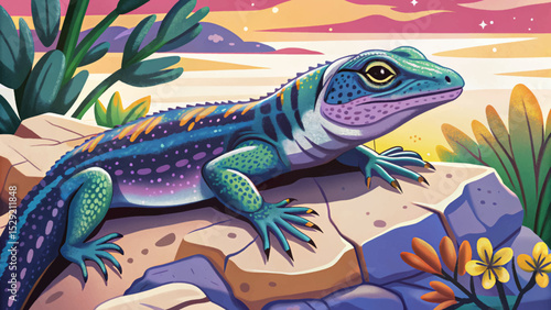 Vector illustration of a lizard sunbathing on a warm desert rock ideal for reptile-themed nature scenes, desert wildlife, and educational biology visuals