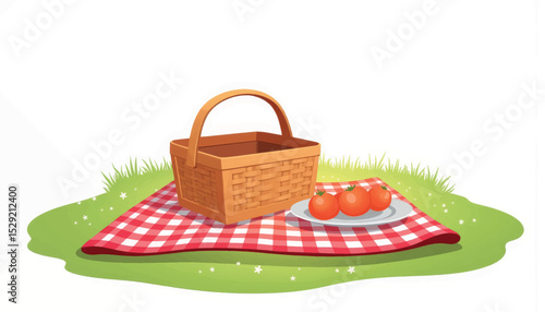 Summer picnic setup with basket and blanket on green grass, outdoor leisure