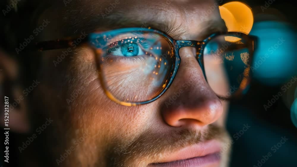 A close-up of a man's face with glasses reflecting colorful lights and a focused expression. A close-up of a man's face with glasses reflecting colorful lights and a focused expression.