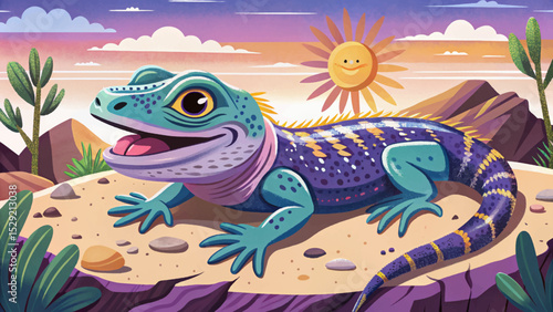 Vector illustration of a lizard sunbathing on a warm desert rock ideal for reptile-themed nature scenes, desert wildlife, and educational biology visuals