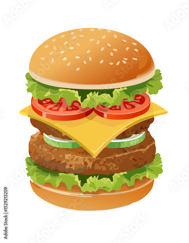 Double Cheeseburger with Lettuce, Tomato, and Cheese - Fast Food Illustration
