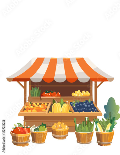 Farmers Market Stand with Fresh Vegetables and Fruits Vector Illustration