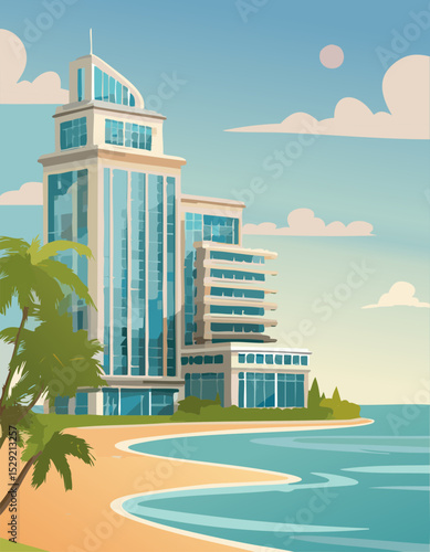 Modern Beachfront Hotel Building Vector Illustration