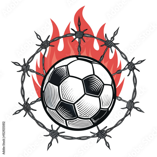 Create a powerful emblem a soccer ball encircled by barbed wire, symbolizing the harsh realities of conflict and the struggle for freedom through sport.
