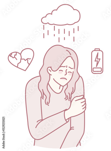 An illustration of a sorrowful person amidst heartbreak symbols, relentless rain, and deep exhaustion