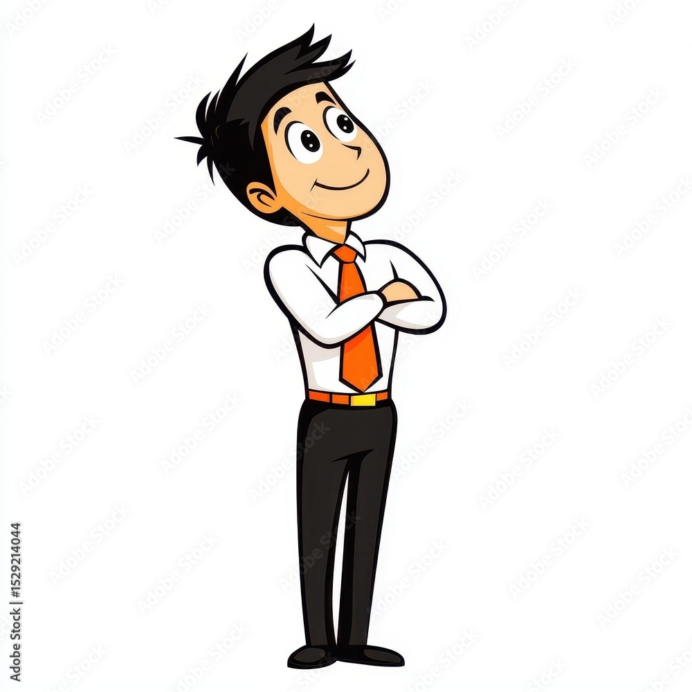 Cartoon Young Man in White Shirt and Orange Tie Contemplating Upward Cartoon Young Man in White Shirt and Orange Tie Contemplating Upward
