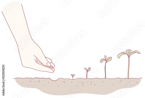 An illustration of a hand planting seeds in nourishing soil, symbolizing growth and nurturing in a vibrant ecosystem