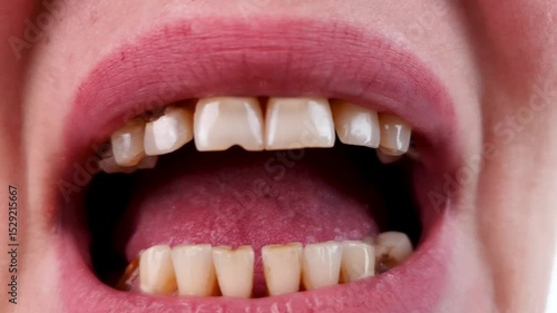 Periodontal disease of female teeth,caries,mouth with damaged broken teeth of a young woman. Treatment of Periodontal disease,dental oral health.