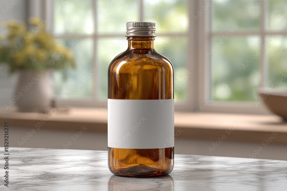 A brown glass bottle with a blank white label, sitting on a marble countertop, with a blurred background of a window and plants, product mockup, for essential oils. A brown glass bottle with a blank white label, sitting on a marble countertop, with a blurred background of a window and plants, product mockup, for essential oils.