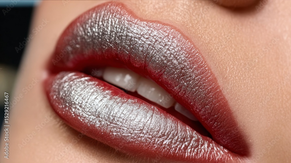Fototapeta premium Stunning Glamour Lip Art Featuring Shiny Silver Lips on a Female Face in a Makeup Studio Setting
