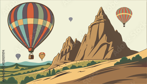 A dynamic vector scene of vibrant hot air balloons soaring over the iconic rock formations of Cappadocia, ideal for tourism, travel, or outdoor adventure concepts                              