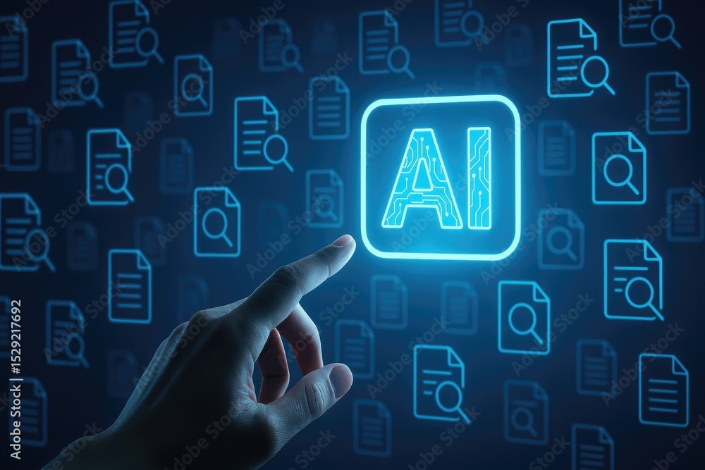 A hand points at a glowing AI symbol, representing modern technology and innovation. A hand points at a glowing AI symbol, representing modern technology and innovation.