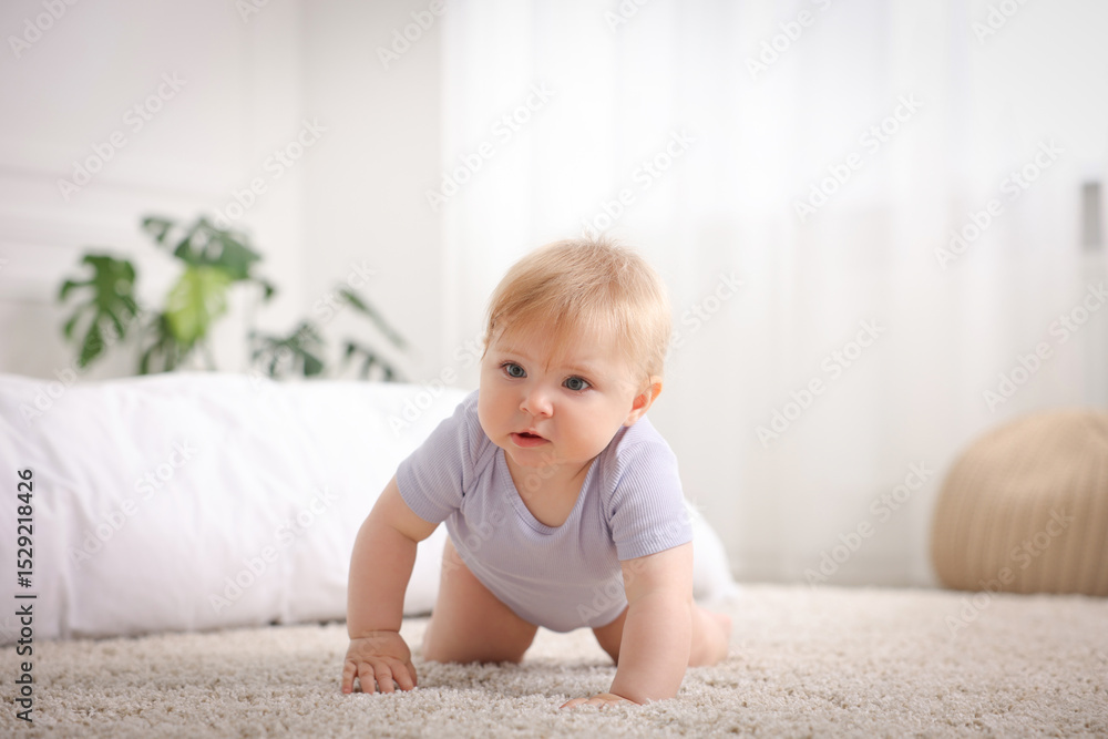 Cute little baby crawling on floor at home Cute little baby crawling on floor at home