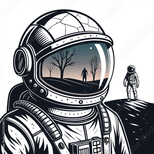 A futuristic astronaut, helmet visor cracked, revealing a weary face, confronts a bioluminescent alien in a desolate, otherworldly landscape.