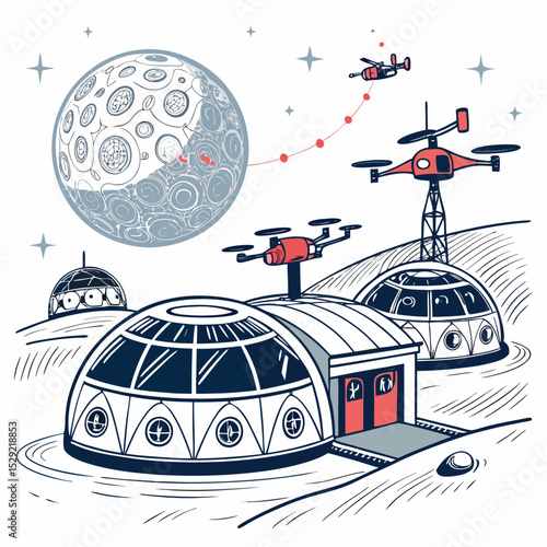Render a detailed futuristic moon base, featuring several geodesic domes, advanced flying drones, and illuminated lunar landscapes.  Show realistic textures and lighting.