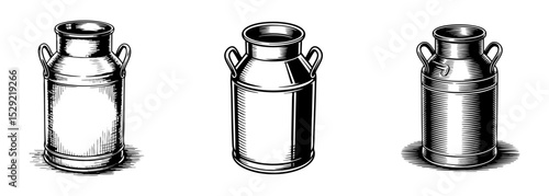 set of vintage milk can vector illustrations, dairy container for farm and agriculture
