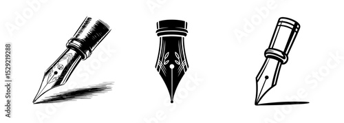 set of vintage fountain pen nib , writing instrument vector for calligraphy and stationery
