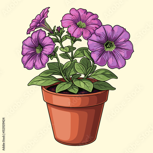 Vivid purple petunias bloom lushly in a terracotta pot showcasing botanical beauty