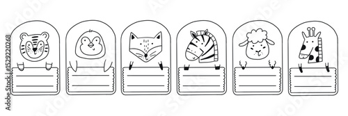 Cute doodle school name tag animals. Animal character label card frame collection. Hand drawn vector illustration