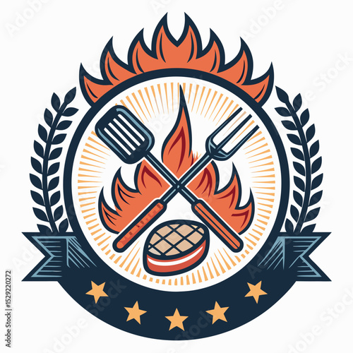 Design a vibrant badge for a Grill Master course, featuring stylized flames, a fork, and the letter 'M'.  Incorporate a rustic, barbecue-themed design.