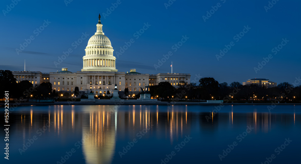 Obraz premium Night View of the United States Capitol Building in Washington, D.C., Featuring Illuminated Architecture and Iconic American Landmark Scenery