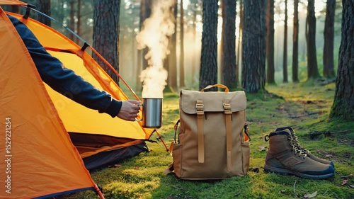 Wallpaper Mural Camping in the forest with tent and backpack, outdoor adventure Torontodigital.ca