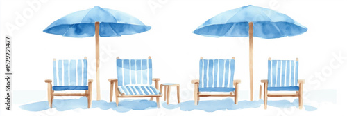 Vector illustration, watercolor paints of beach umbrella and chairs on sandy beach. Banner
