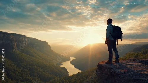 Wallpaper Mural Man hiking in the mountains at sunrise, adventure travel Torontodigital.ca