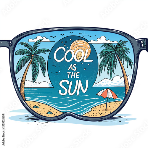 Retro sunglasses reflecting vibrant beach scene; ocean, sky, sand. Cool, summery vibe.  Stylish, fashionable eyewear.