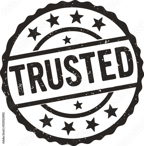 Trusted Seal Icon: A trusted stamp icon in black and white with grunge effect. 