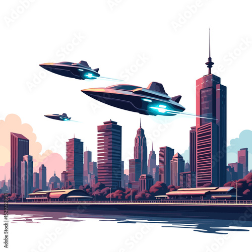Futuristic skyscraper city with fighter jets soaring above and glowing high-speed roadway curving around skyline, sci-fi urban concept